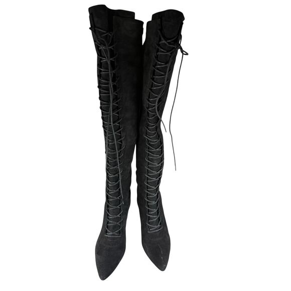 Stuart Weitzman Highstring Suede Lace Up Over Knee Boots Black 6M - Picture 8 of 12